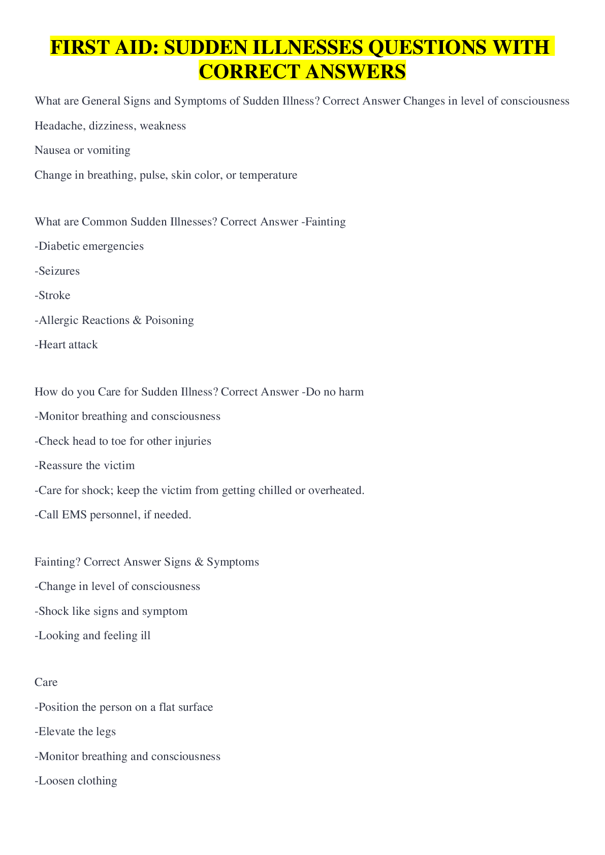 FIRST AID SUDDEN ILLNESSES QUESTIONS WITH CORRECT ANSWERS Browsegrades